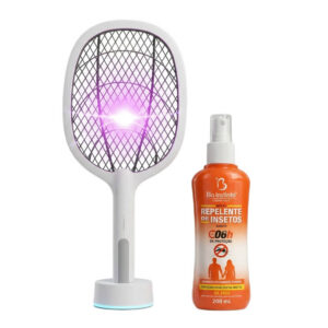 Kit Raquete Elétrica Recarregável Luz UV + Repelente 200ml