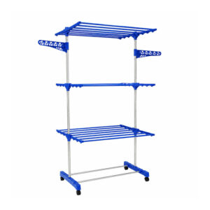 Varal Torre 3 Andares Azul Inox Dobrável Rodinhas Giratórias